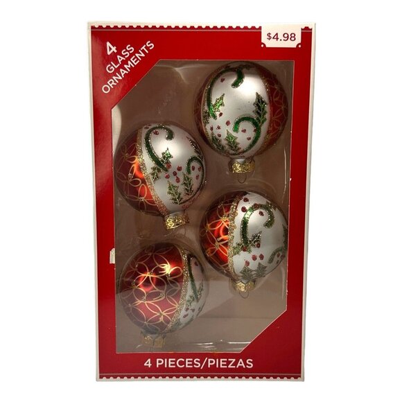 Holiday Time Classic Glittering Christmas Ornament Set (4) Vintage NOS - Picture 2 of 5